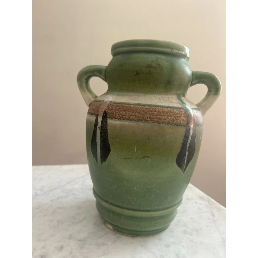 Vintage Made In Japan Art Pottery Handled Vase Roseville Monticello Style 7 1/2